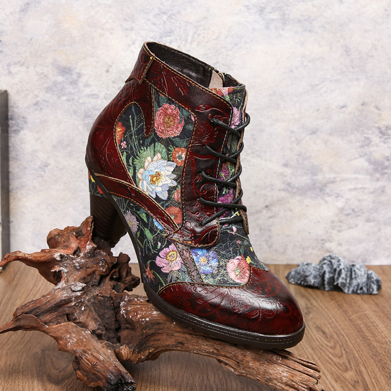 여성 신발 소가죽 에스닉 여성용 가죽 부츠 사이드 지퍼 패션 부츠 짧은 부츠 어린이를위한 미국 복고풍 하이힐 부츠