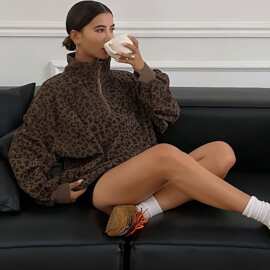 外贸 2026 秋季欧美复古豹纹立领外套女 设计感宽松卫衣上衣跨境