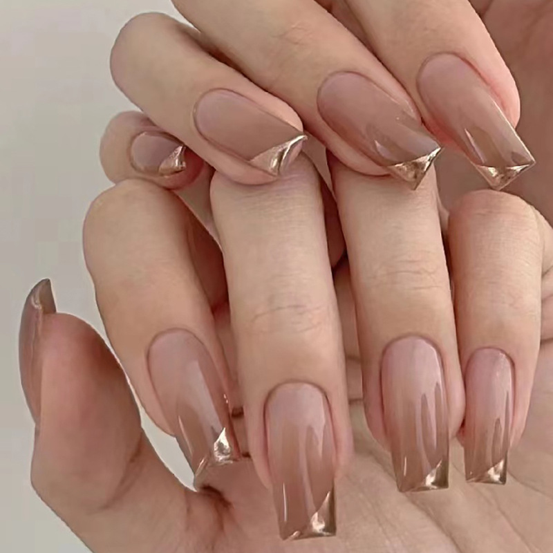 Oblique French wear nail nail nude color fake nail white detachable wear nail fake nail patch Golden hot girl