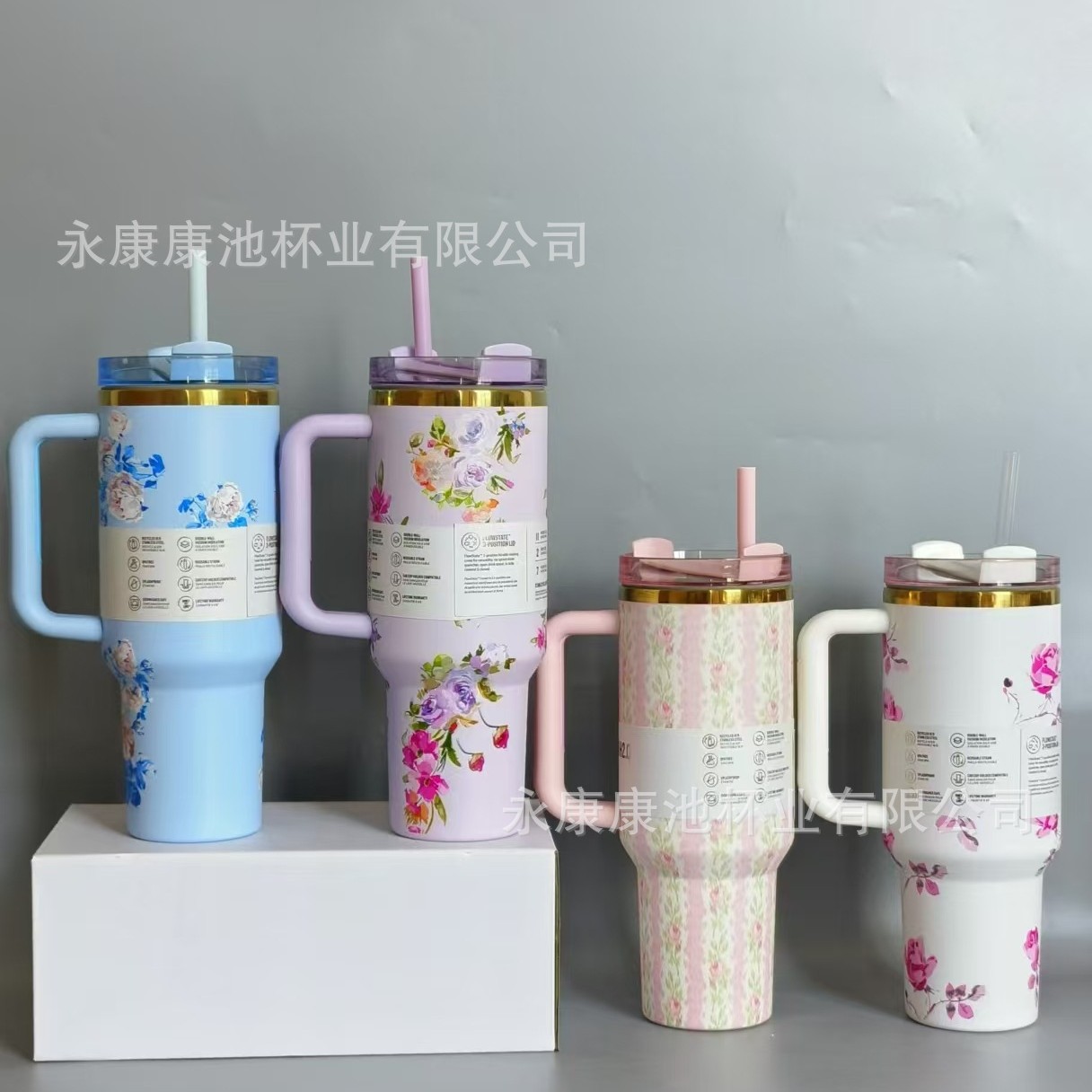 跨境新款冰霸杯40oz离子镀金边5D花色保温杯保冷不锈钢吸管汽车杯