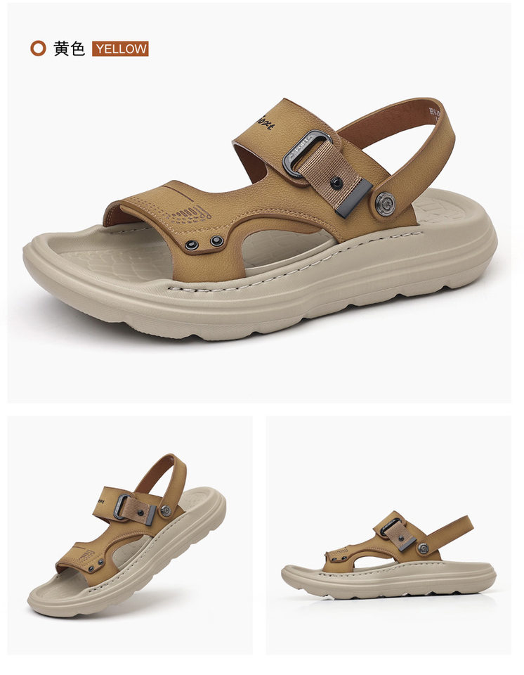 Dép sandal nam da thật đế xốp nhẹ thủ công, gót 3,5 cm, thoáng khí chống trượt — màu vàng chi tiết 21