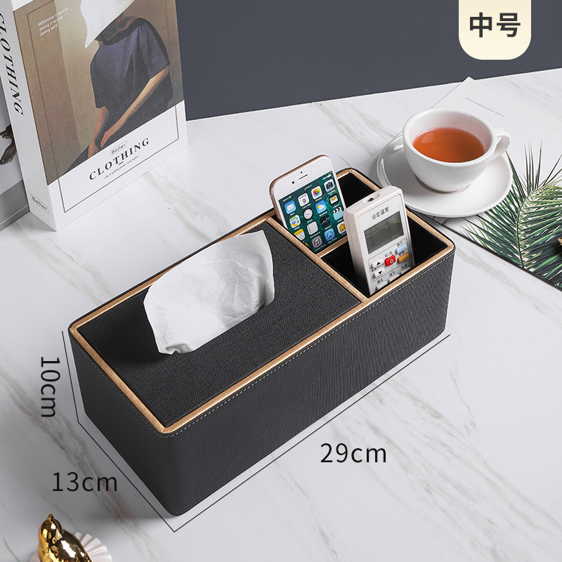 Caja de pañuelos comercial hogar Luz de lujo nórdico multifunción mesa de café control remoto Hotel caja de pañuelos de cuero impreso LOGO