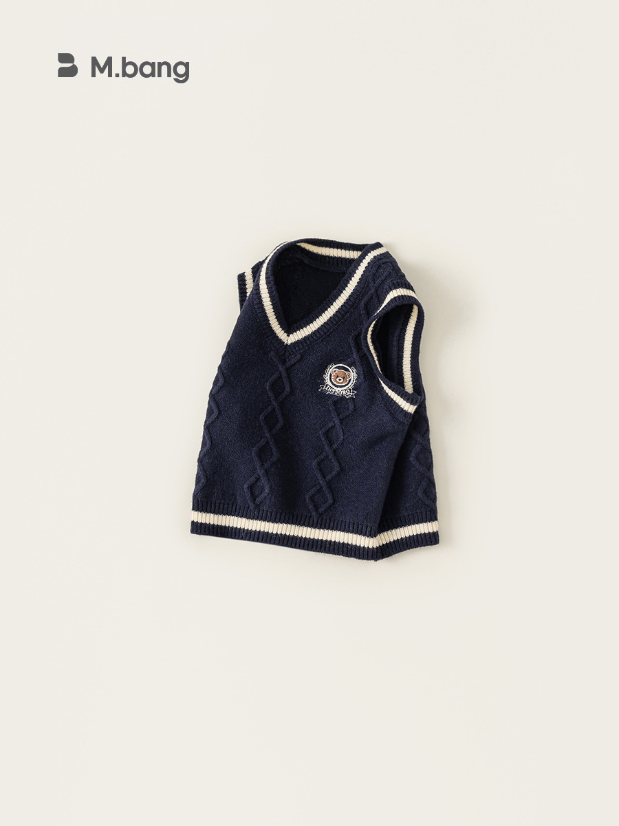 Yoobao ropa infantil chaleco de punto para niños otoño nuevo estilo de escuela de niños oso bordado V-collar chaleco de contraste