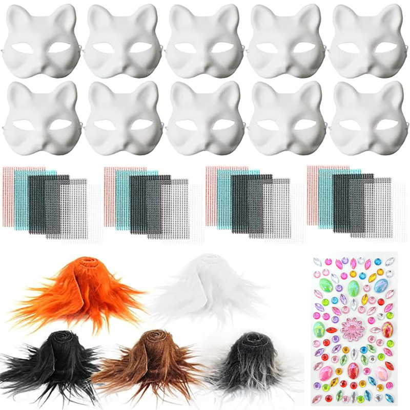 Mascaras de cara de gato amazonas para niños DIY pintadas a mano pulpa blanca ecológica máscara de cara de gato máscara de dibujo de Halloween