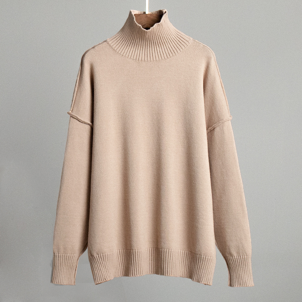 Suéter de cuello alto con costuras transfronterizas para mujer, otoño e invierno europeo y americano nuevo estilo casual suelto perezoso suéter grueso suéter de punto