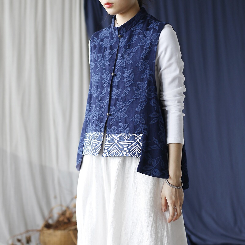 2463 Ximo Original Cotton and Linen Autumn Vintage Loose Women's Vest with Stand Collar and Jacquard Pattern 2463 Ximo Original Cotton and Linen Autumn Vintage Loose Women's Vest with Stand Collar and Jacquard Pattern