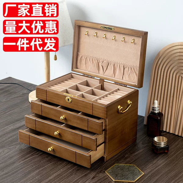 Solid Wood Jewelry Box Storage Box, Retro Wooden Jewelry Box, Large Capacity, Lockable Mirror, High-End Anti-Oxidation Wedding