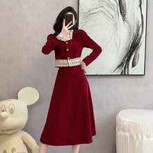 新中式复古优雅气质丝绒长袖方领连衣裙酒红色礼服新娘敬酒服套装