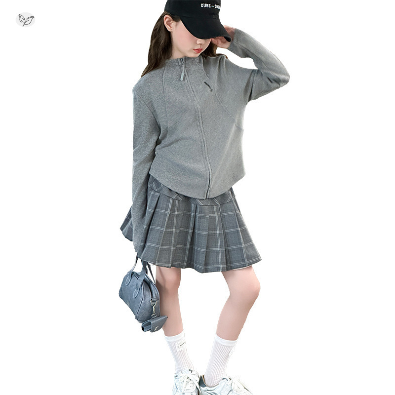 女童套装2025年秋季新款中大童卫衣开衫假两件格子百褶裙两件套潮|undefined