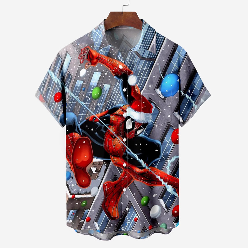 Christmas Spider-Man City Snow Scene Printed Short-Sleeved Shirt Marvel Hero Holiday Style 3D Digital Print for Men
