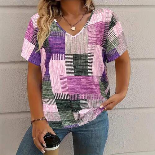 European and American TEMU new fashionable casual all-matching square pattern short-sleeved V-neck T-shirt for women
