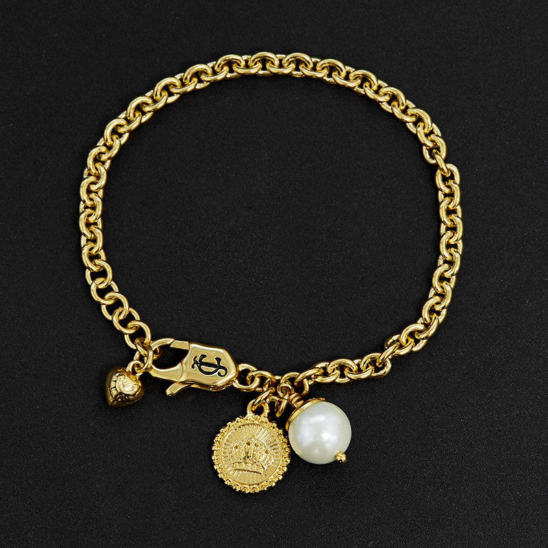 Women's Trendy ins Fashion Niche Entry Luxury Golden Round Brand Crown Love Pearl Bracelet Peach Heart Pendant Adjustable Bracelet