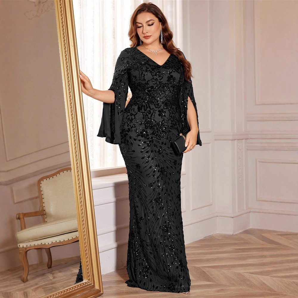 New European and American Large Size Sequined Long-Sleeved Evening Dress, Slim Fishtail Skirt, Long Toast Banquet Dress