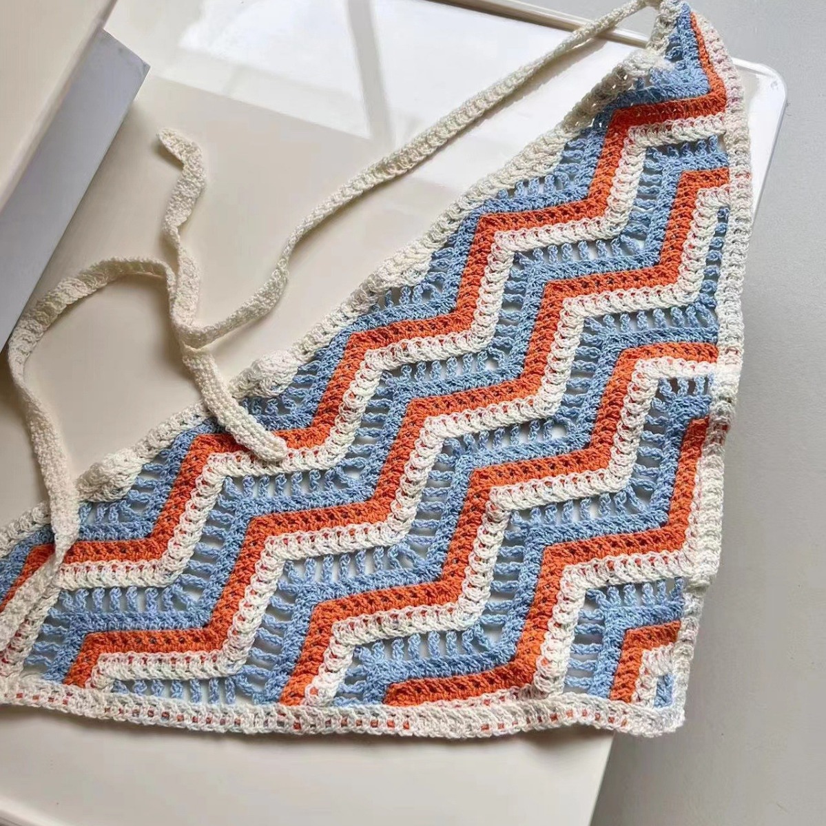 夏季新款波浪針織鈎花鏤空三角巾女甜美可愛少女風花朵頭巾髮帶潮