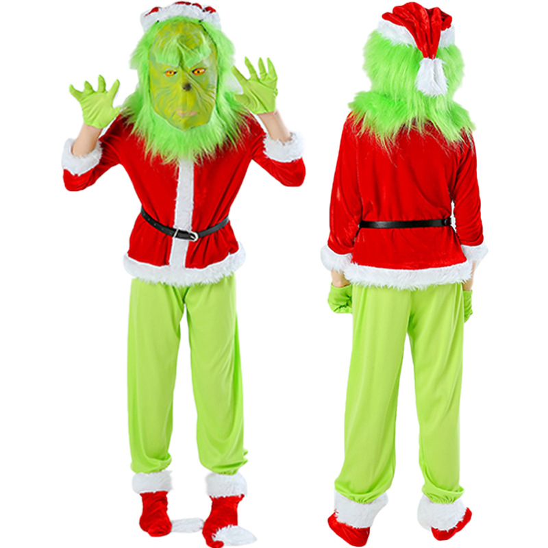 Traje de Navidad de monstruo de piel verde traje de monstruo de piel verde máscara de traje de Santa Claus Grinch juego transfronterizo adulto image 4