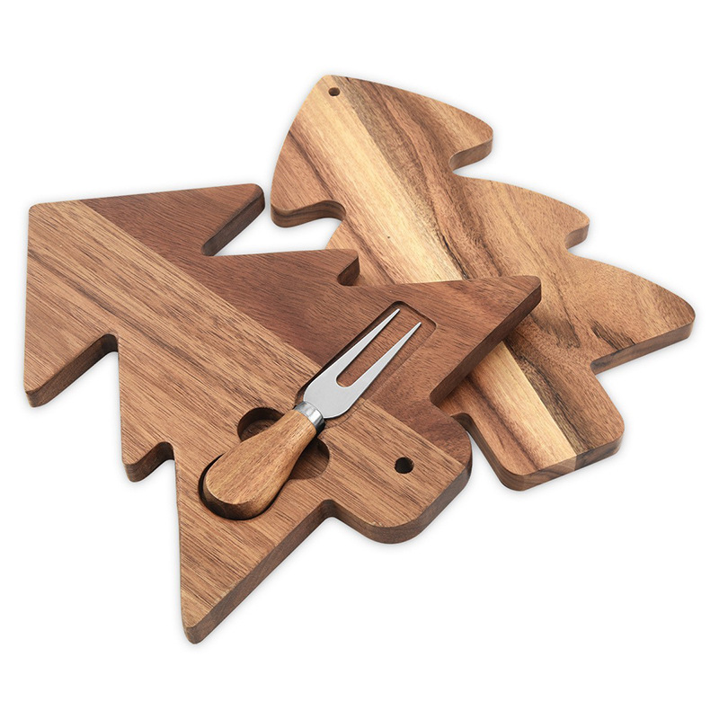 Tabla de cortar de madera creativo árbol de Navidad con cuchillo y tenedor queso tabla de quesos bandeja de postres de frutas y verduras plato de desayuno de comida complementaria