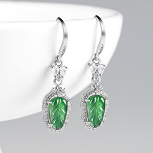 S925 silver inlaid natural A goods Jade Yang green leaves jade earrings new ladies small fresh earrings wholesale