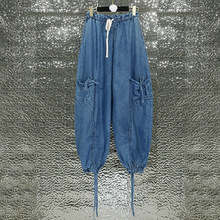 欧美个性时尚抽绳系带牛仔裤女春季新款宽松设计感束脚裤工装裤潮