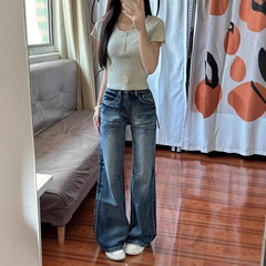 美式复古小个子水洗阔腿牛仔裤女秋季高腰显瘦宽松直筒拖地长裤