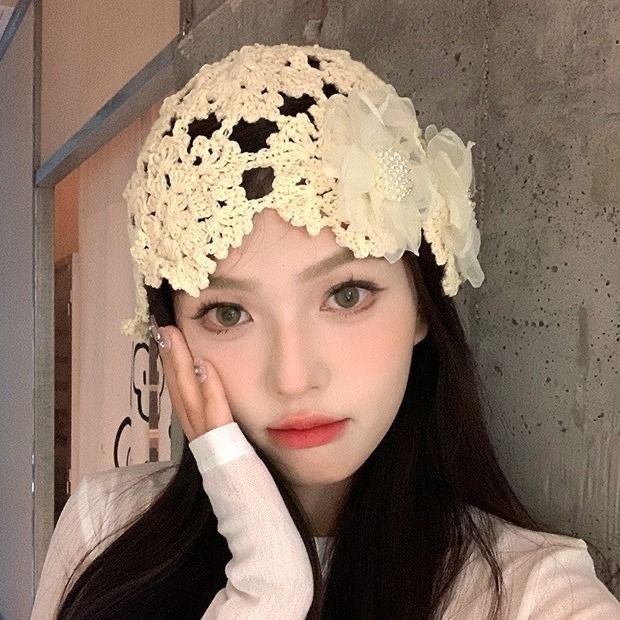 新しい日本製の薄い手作りかぎ針編みパイル帽子女性のための春と夏のレースの花ファッショナブルな包頭帽子レース|undefined