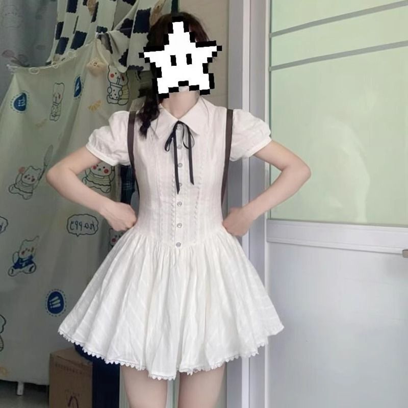 College Style White Puff Sleeve Shirt dress Women's 2025 New Summer Elegant Waist Small Sweet Skirt