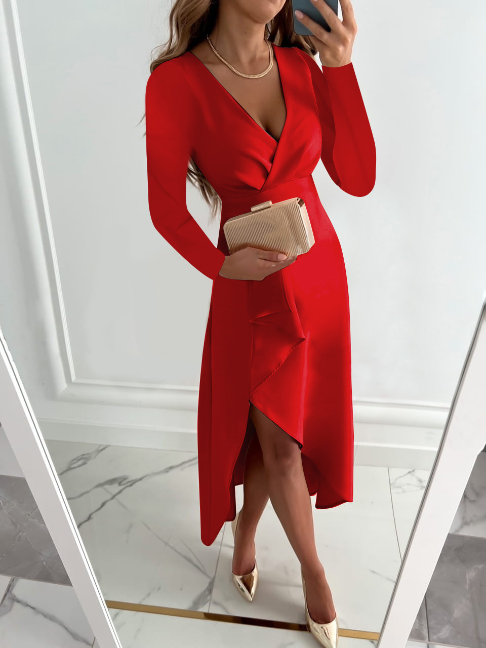 2022 estación independiente deseo Amazon popular Otoño e Invierno manga larga con cuello en V plisado dobladillo vestido dividido ropa de mujer image 7