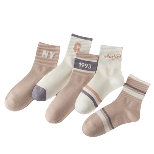 5 pairs of socks women's mid-calf autumn and winter sports socks ins trendy Japanese fitness socks long anti-odor and sweat-absorbent cotton socks
