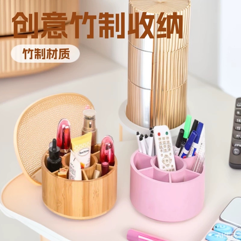 즉시 배송 가능한 이동식 수납함, 창의적인 대나무 소재, 회전 가능한 다중 칸 수납통, 화장품 정리함, 소품 정리함