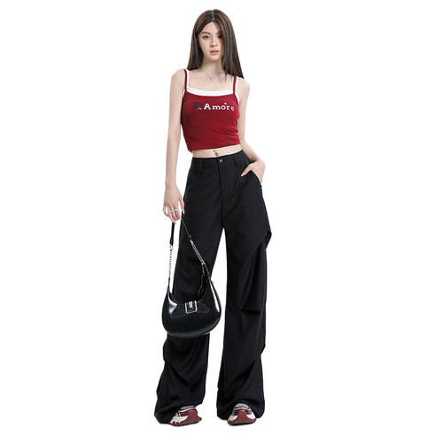 Niche design high-street black pleated loose casual wide-leg over-the-knee floor-length work pants