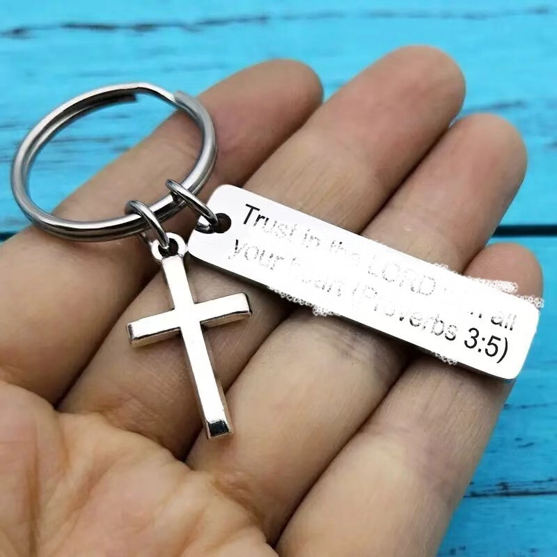 Cross-border best-selling in Europe and America, cross-engraved pendant, long strip DIY stainless steel keychain, backpack and car accessory