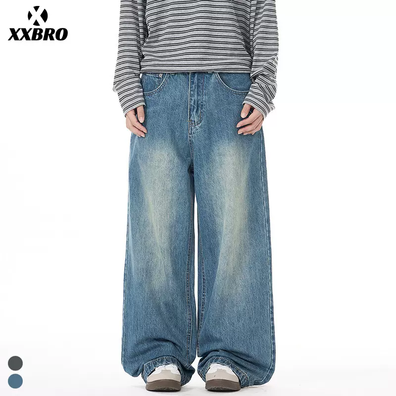 xxbro男装#2025新款复古浅蓝做旧潮牌阔腿A字直筒裤男拖地牛仔裤