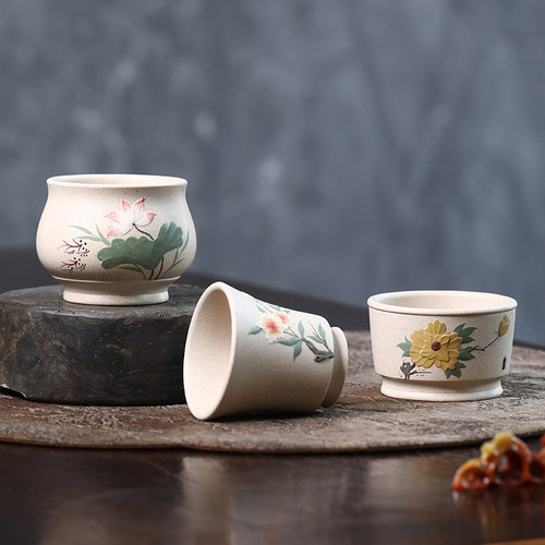 Yixing Original Mine White Jade Section Zisha Teapot Pure Handmade Slip Painted Peony and Magnolia Cup Owner Cup Tea Drinking Cup