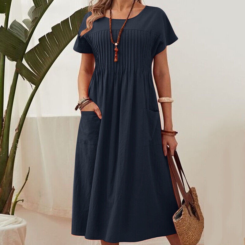 Women's Long Skirt Solid Color Round Neck Pocket Detail Cotton Linen Blend Dress_ecoleips.com