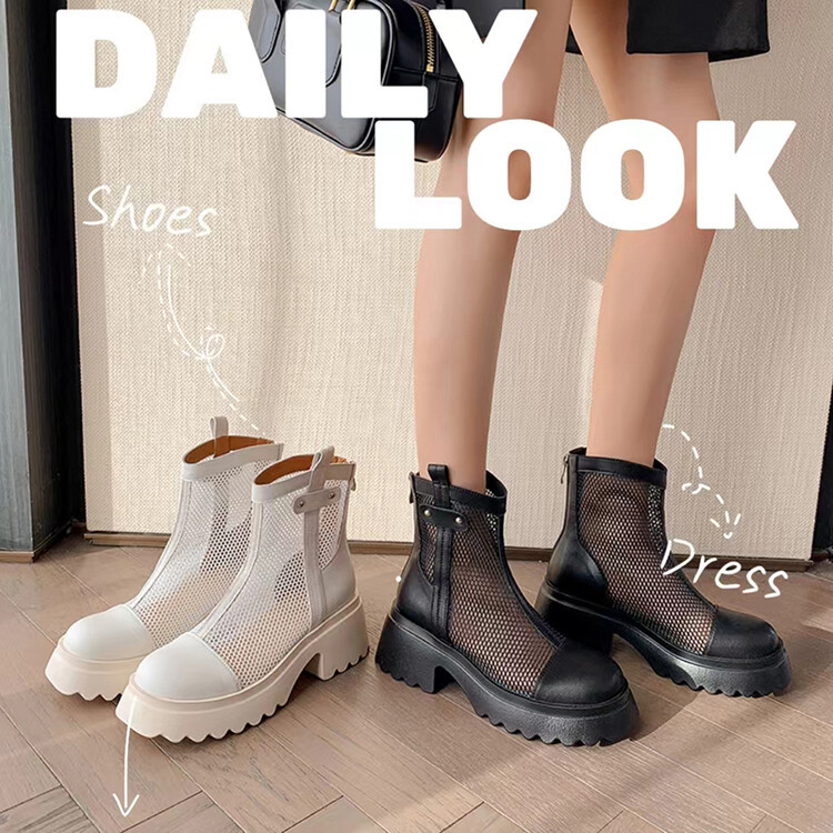 Boot nữ cổ cao đế dày gót bánh xốp da bò lưới thoáng khí xuân hè 2024 — Màu đen, Màu trắng be chi tiết 73
