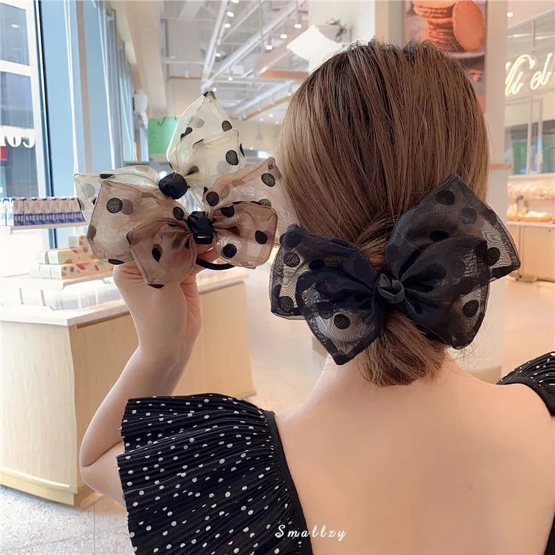 韩版网纱波点发夹 大号蝴蝶结弹簧夹后脑勺气质顶夹 发圈头绳头饰