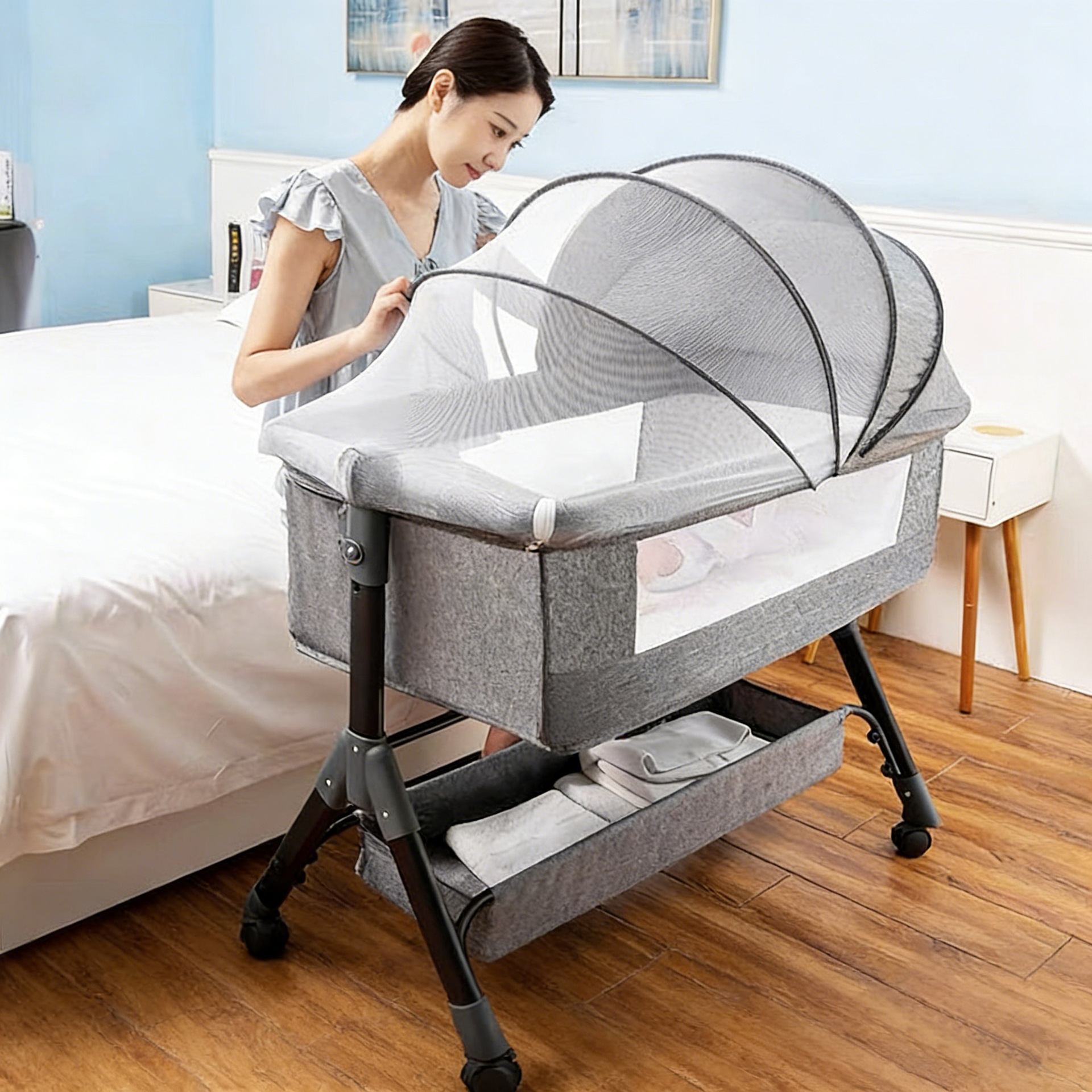 Cuna para bebé, plegable, multifuncional, portátil, cuna móvil, cuna para colocar junto a la cama, cuna para recién nacido, altura ajustable.