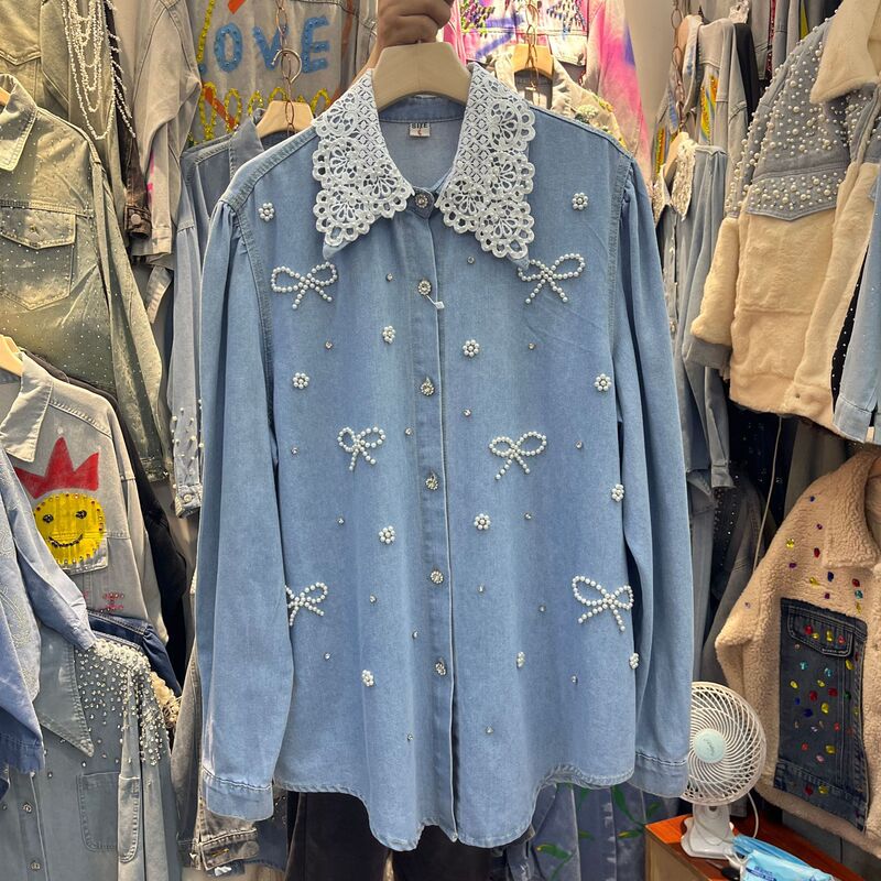 Cross-Border Foreign Trade European Station High-End Design Beaded Butterfly Denim Long-Sleeve Shirt Fashionable Versatile Shirt for Women