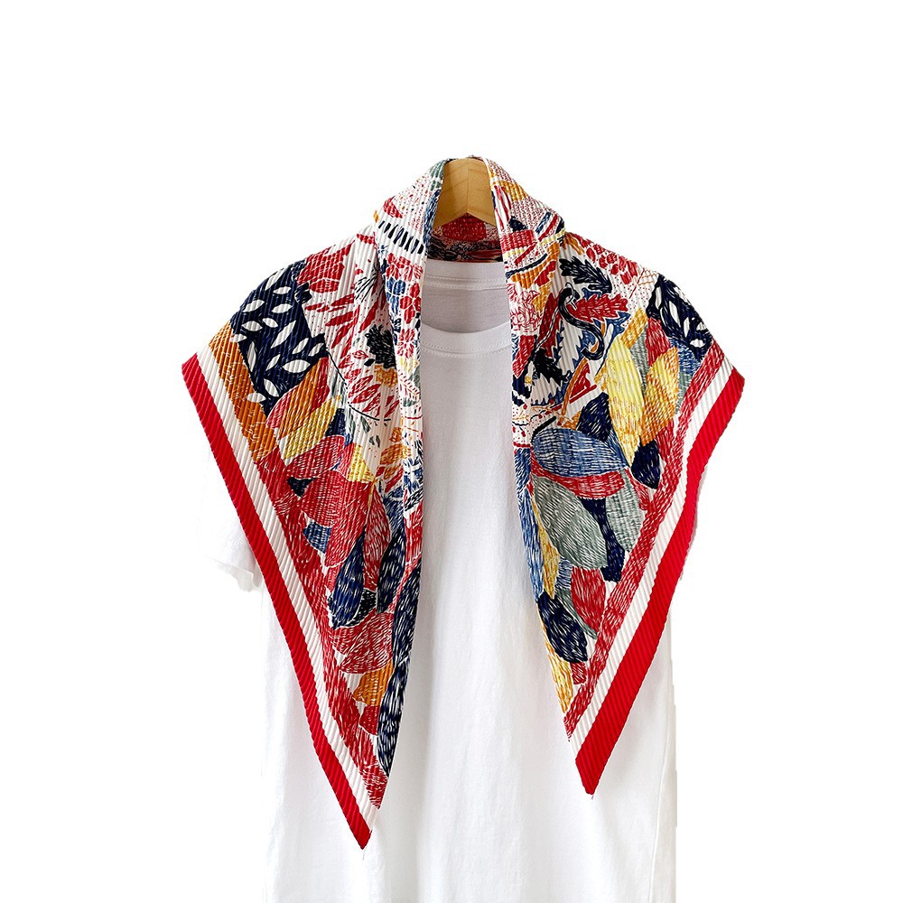 Bufanda de seda de sarga Retro para mujer, bufanda plisada de comercio exterior, bufanda estampada colorida, chal decorativo profesional de moda al por mayor