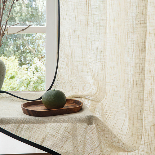 Japanese wabi-sabi style linen sheer curtains, light-filtering but not people-filtering, with black edges, living room floor-to-ceiling windows, high windows, Chinese-style curtains