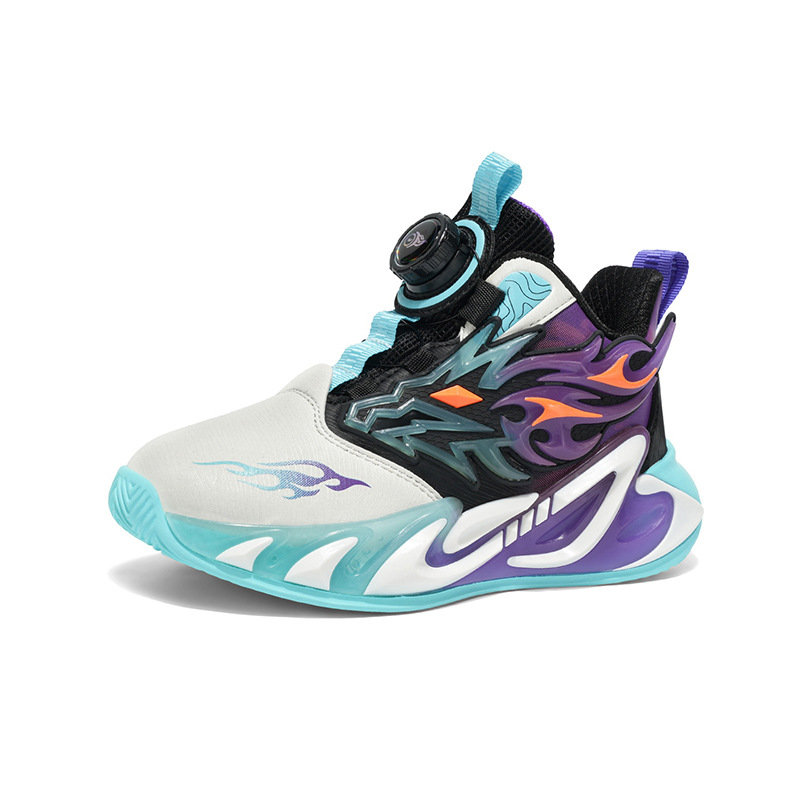 Hermosos zapatos de baloncesto de cuero para niños con botón giratorio, zapatos de correr cómodos con suela gruesa, zapatos de moda al aire libre