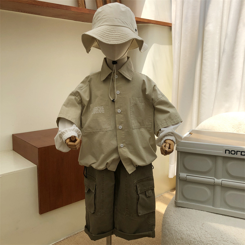 2024 Autumn Children's American for Boys and Girls Solid Color Letter Printed Two piece Shirt_voghion.com