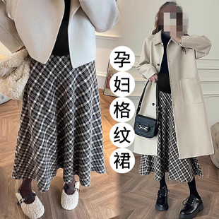 Pregnant Women's Skirt Autumn and Winter Dress Plaid Slimming Fashionable Pregnant Women's A- Line Skirt Sanding Retro Pregnant Women's Belly-supporting Long Skirt