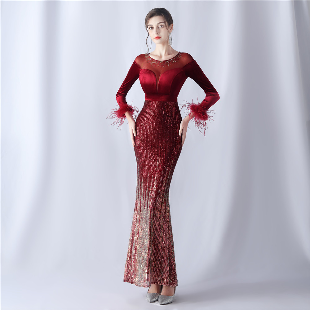Women's gradient beaded diamond velvet high-end evening dress_voghion.com