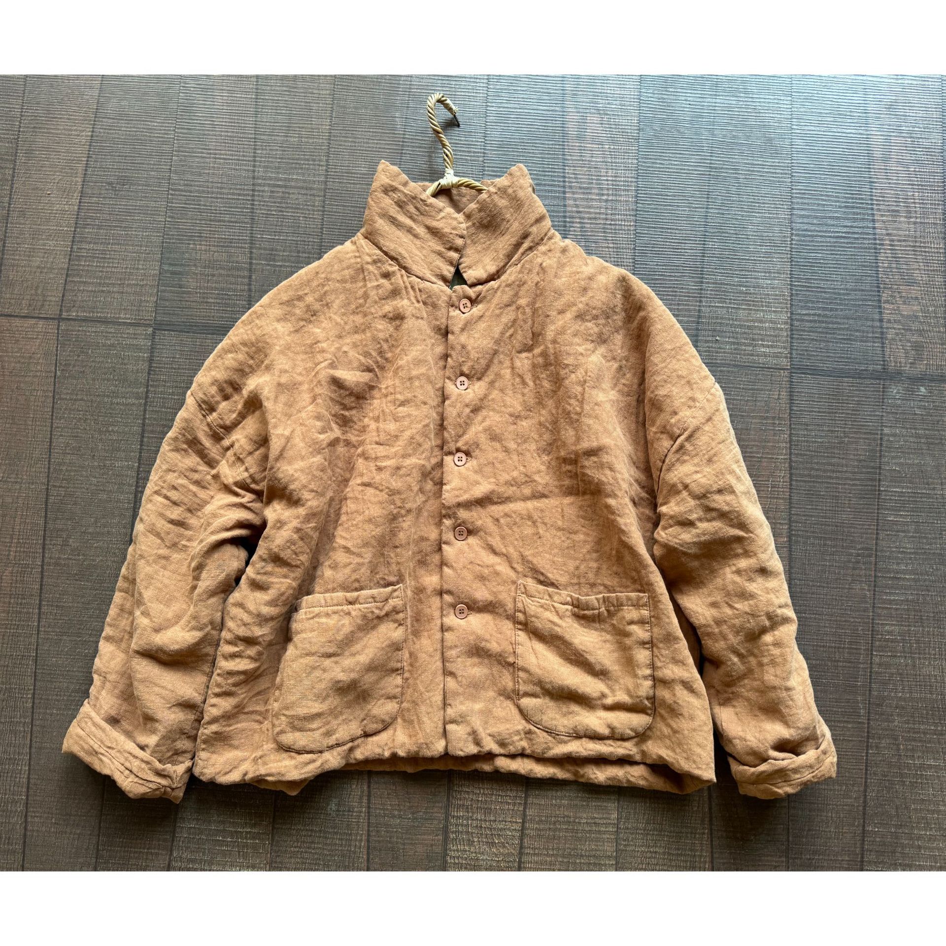 4389高品質砂洗亜麻女装綿服文芸レトロゆるい亜麻綿服の中の長さは綿の上着を挟んでいる