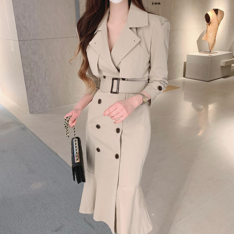 Korean Style Chic Goddess Style Lace-Up Waist Windbreaker Dress Stereo Cut Fishtail Skirt Autumn Wear 1486