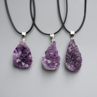 Natural Amethyst Cluster Drop Pendant Necklace Amethyst Cluster Original Stone Simple Women's Pendant Woolen Chain European and American Jewelry