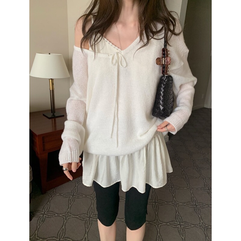 Korean autumn new collection: soft and gentle style, solid-color, loose-fitting knit sweater in off-white and light gray, one size fits all