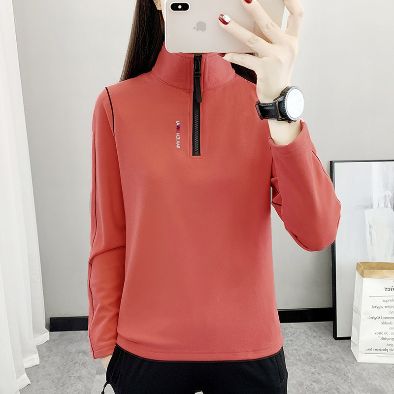 25C709 Sports Outdoor Quick-Drying Clothes Women's Breathable Running Loose Stand Collar Long-Sleeved T-Shirt German Velvet New Bottoming Shirt