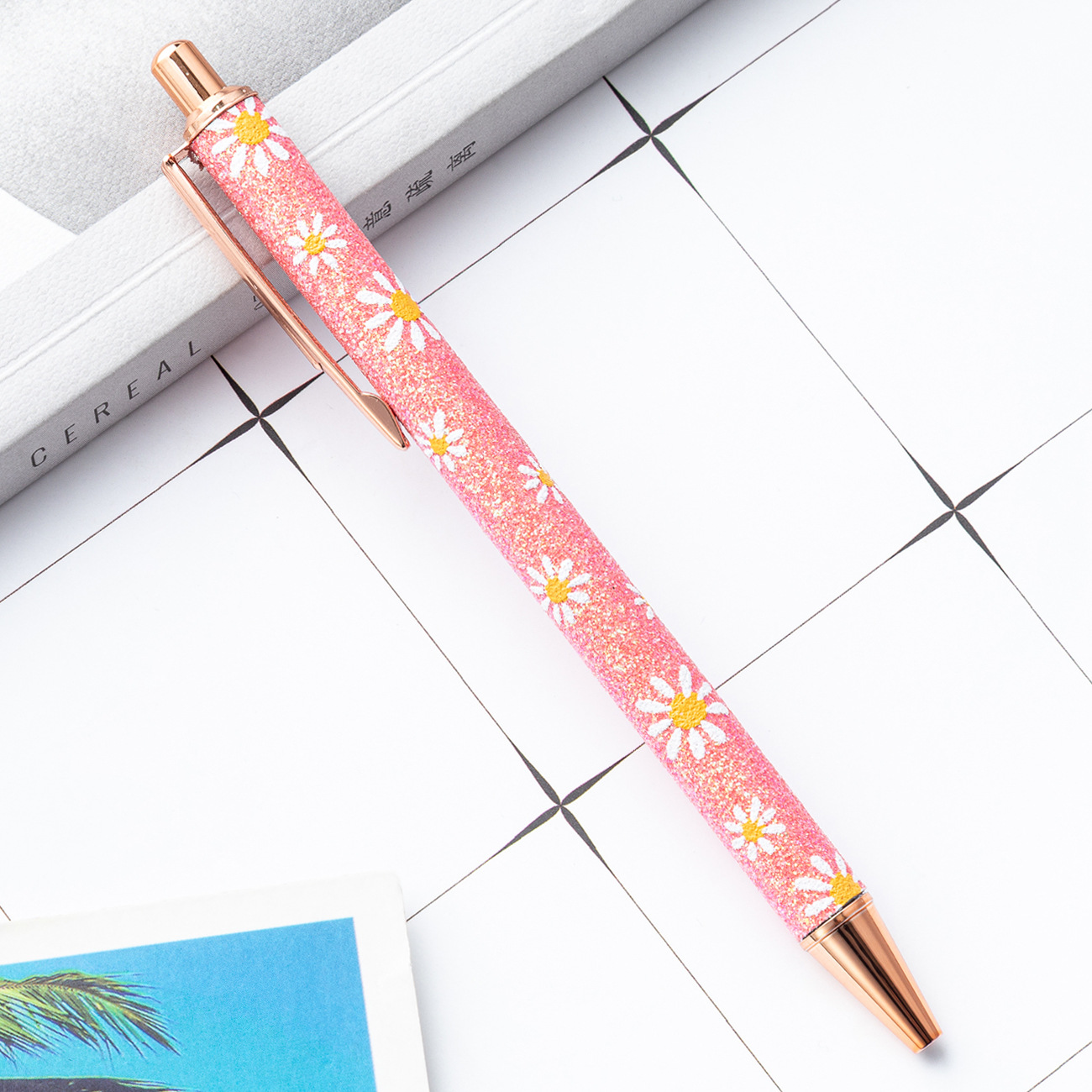 Polvo de oro prensa bolígrafo al por mayor estudiante chica prensa pluma de cuero logotipo imprimible pluma de polvo de brillo de metal