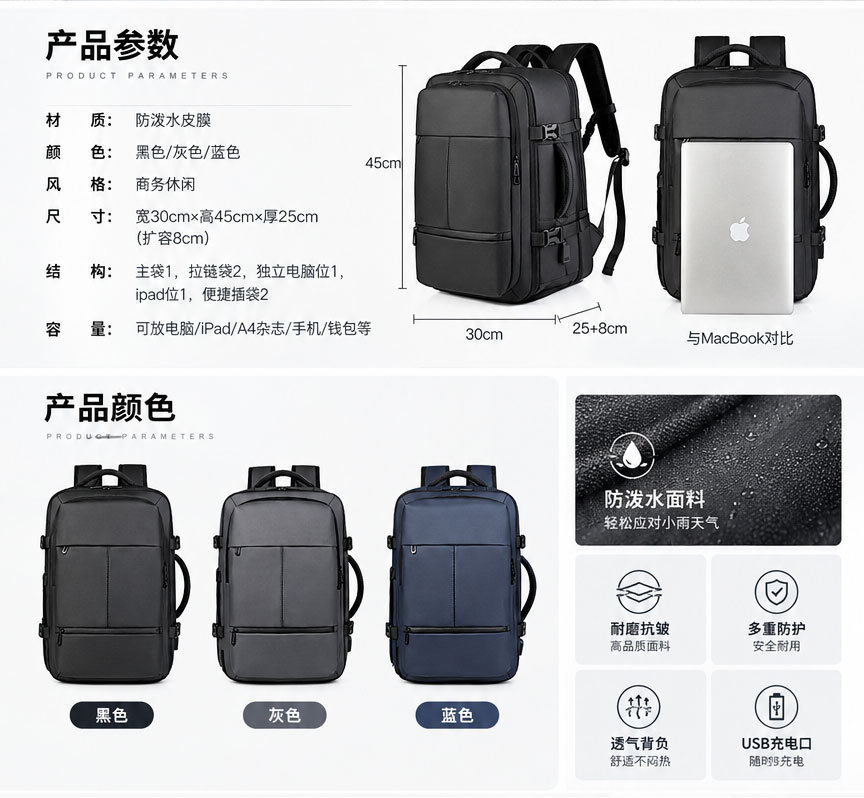 New Style Carry-on Backpack for Men, Multi-functional Expandable Business Backpack, Large Capacity Shoe Compartment, Premium Travel School Bag